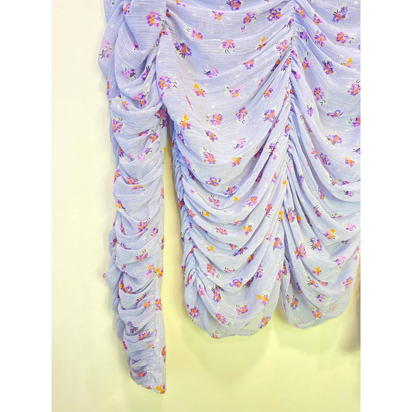 ZARA Purple Floral Ruched Long Sleeve Sheer Round Neck Invisible Back Zip XL - Picture 3 of 7